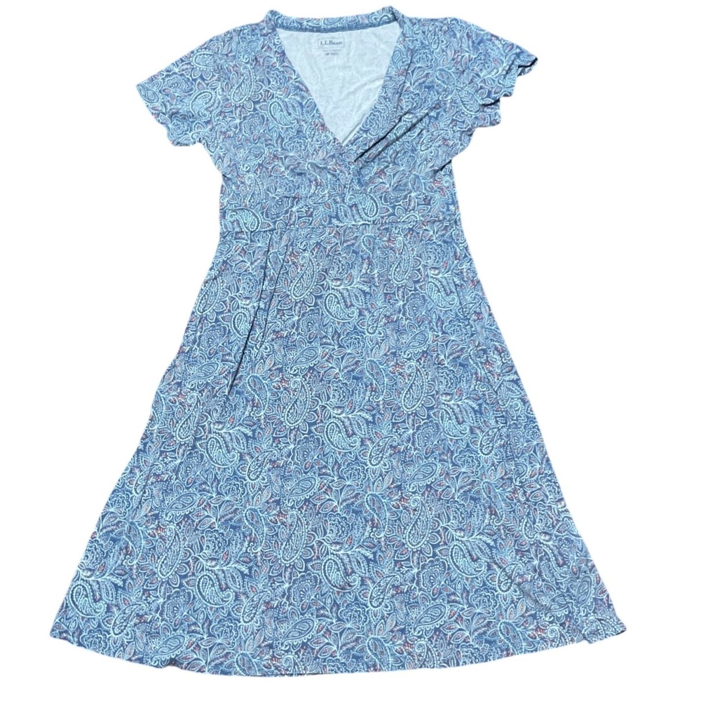 LL Bean Womens Blue Paisley Empire Waist V-Neck Midi Dress Size M Regular